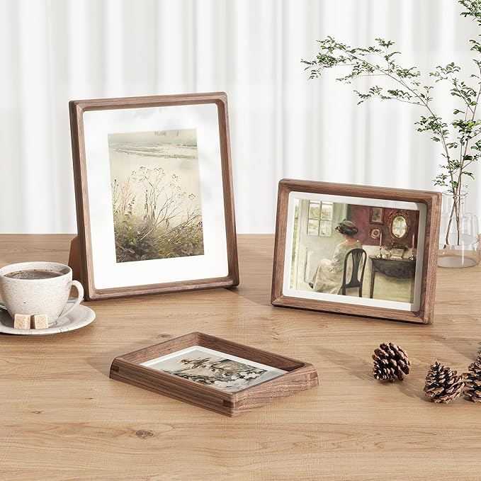 Fun Memories 6x8 Picture Frame, USA-Sourced Walnut Wood Photo Frames with HD Tempered Glass, Handcrafted Rounded Corner 6 x 8 Wooden Frames Matted to 5x7 Photos, 6x8 Frame, Tabletop or Wall Display