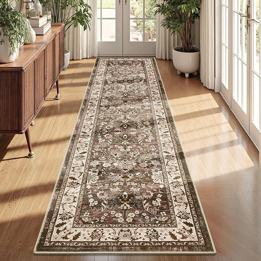 LOKHOM Washable Runner Rug, 2x8 Non Slip Vintage Hallway Runner Rug with Rubber Backing, Boho Floral Soft Faux Wool Kitchen Rug Carpet Runner for Kitchen Laundry Entryway Bedroom (Dark Brown)