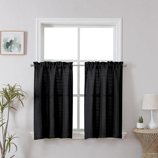 Chyhomenyc Black Faux Linen Textured Small Cafe Curtains, 30x30 Inch, Light Filtering Short Bathroom Curtains, 2PCS