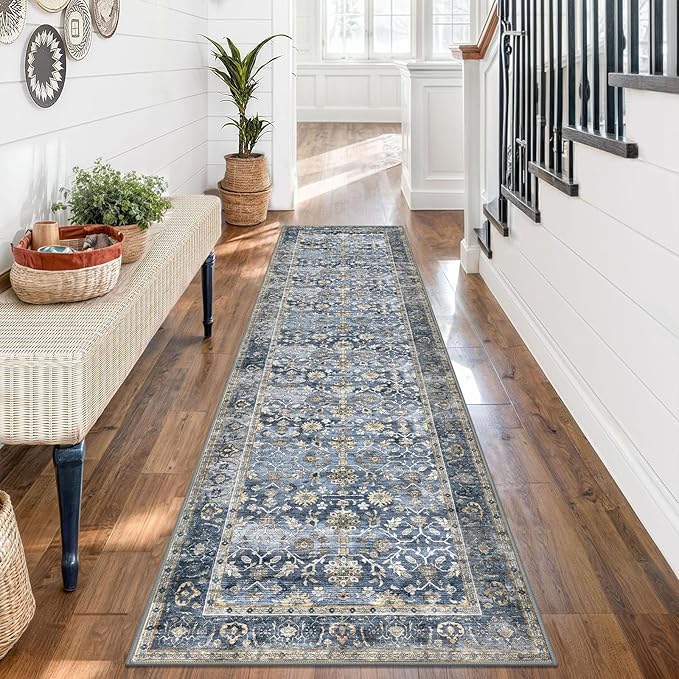 KUTA Vintage Washable Runner Rug, 2x7 Blue Grey Beige Runners for Hallways Non-Slip Kitchen Rugs Ultra Thin Soft Printed Distressed Oriental Floral Floor Carpet for Laundry Bedroom Living Room