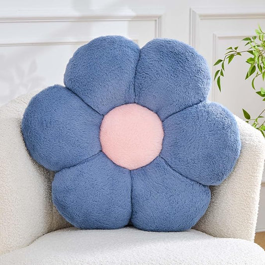 Kcvvcr Flower Pillow Cute Decorative Throw Pillow with Faux Rabbit Fur Soft Daisy Plush Floor Cushion Aesthetic Flower Shaped Pillow Home Decor for Bed Sofa Couch (Dusty Blue, 17.7 Inch)