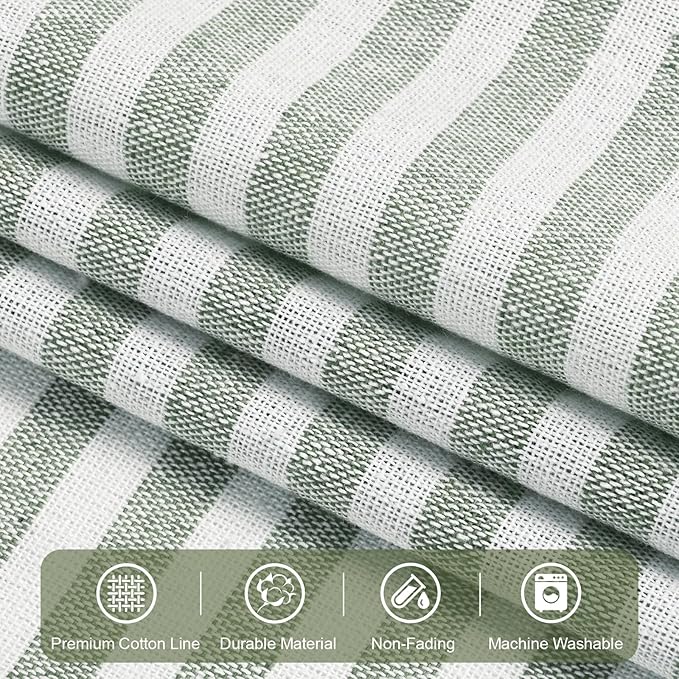 ASPMIZ Farmhouse Cotton Linen Valances for Windows, Boho Kitchen Curtains Valances with Rustic Button, Green Striped Window Treatments Curtain Valance for Bathroom Cafe, 52 x 18 Inch, 1 Pannel