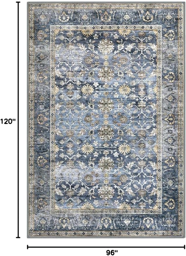 KUTA Floral Area Rugs for Living Room 8x10 Blue Grey Beige, Washable Large Rug for Bedroom 8ft x 10ft Non-Slip, Low-Pile Ultra Thin Soft Printed Vintage Medallion Distressed Dining Room Carpet