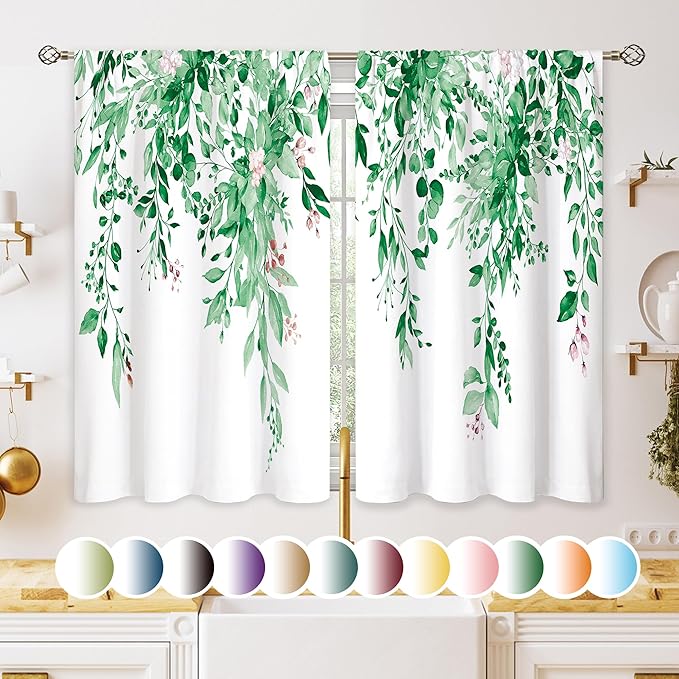 Emerald Teal Eucalyptus Botanical Leaves Floral Kitchen Window Curtains Over Sink Farmhouse Flower Spring Small Treatment Cafe Short Curtains for Bathroom Treatment Tier Drapes 27.5x39 inch