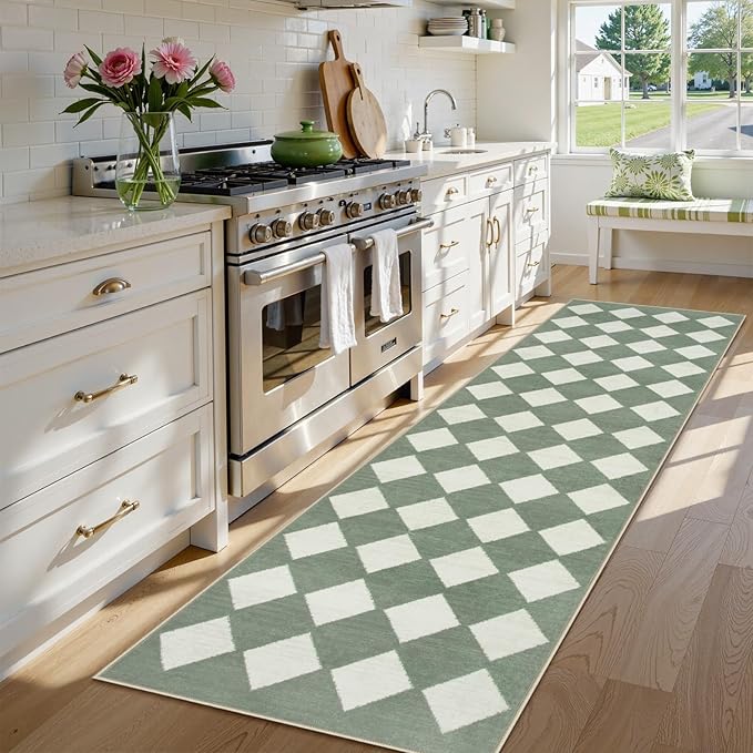 Lahome Zelie Checkered Washable 2x8 Green Runners for Hallways Non Slip, Ultra-Thin Kitchen Bathroom Runner Rugs, Moroccan Trellis Throw Carpet Runner for Bedroom Entryway Decor (2'x8',Green)