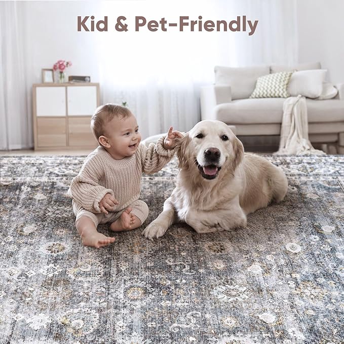 Rugcomf 9x12 Rug Washable Boho Soft Large Area Rug Non-Slip Faux Wool Vintage Rug for Living Room, Farmhouse, Dining Room, Indoor, Kids Playroom (Grey)