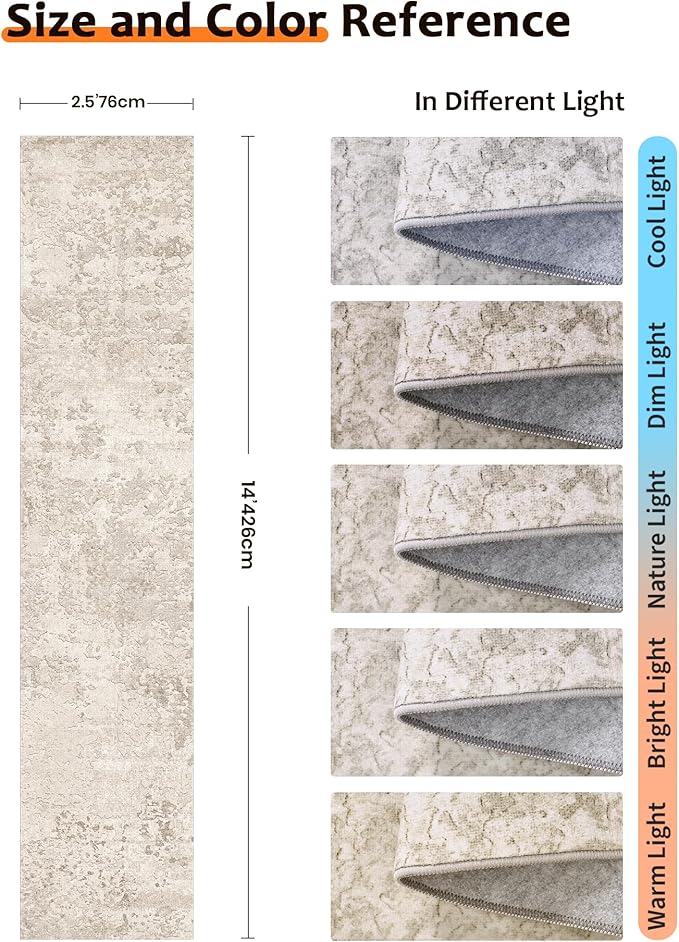 Art&Tuft Non-Slip Runner Rug - 2'6"x14' Runner Rug Washable Low-Pile Rugs Runners, Soft Distressed Carpet Runner for Bedroom Bathroom Kitchen Laundry Living Room, Beige