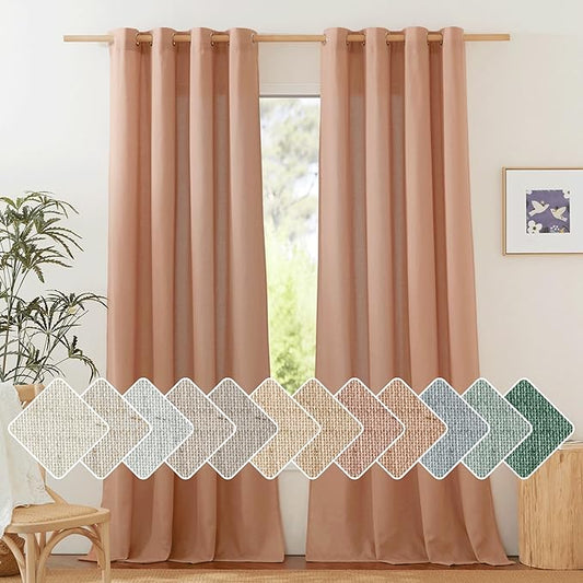 NICETOWN Terracotta Linen Curtains for Girls Room, Grommet Privacy Added Thick Flax Linen Burlap Semi Sheer Light Filtering Window Treatments for Living Room, W55 x L90, 2 Panels