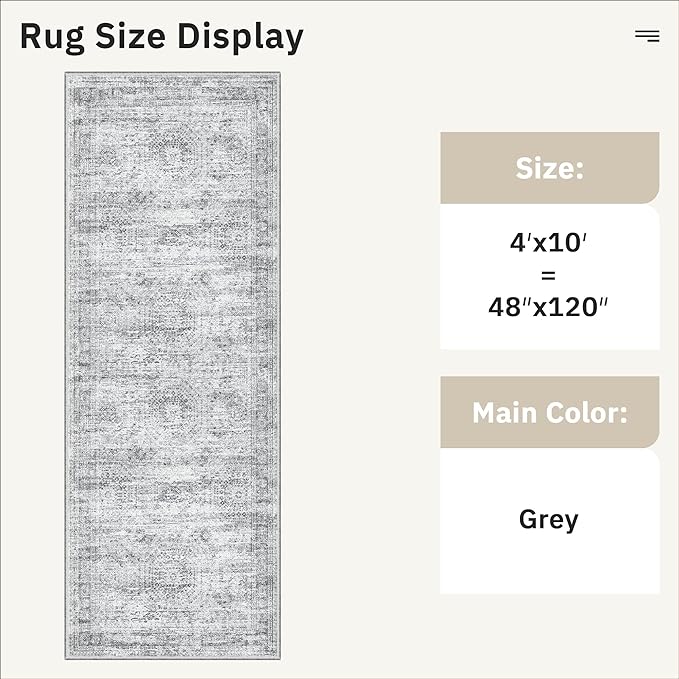 Soalmost 4x10 Wide Hallway Runner Rug: Washable Soft Rug Runners for Living Room Bedroom Ktichen, Stain Resistant Low Pile Area Rugs Non Slip Floor Carpet (Grey, 4x10)