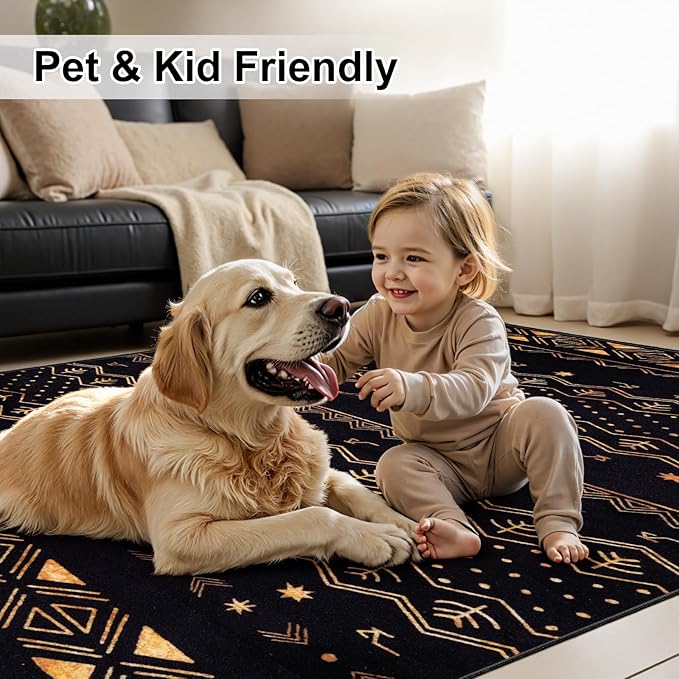 SERISSA 8x10 Area Rugs for Living Room, Washable Non-Slip Black and Gold Boho Rug, Soft Low-Pile Geometric Indoor Large Carpet for Dining Room Bedroom Home Office Playroom