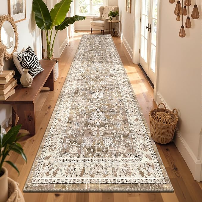 LOKHOM Washable Runner Rug, 3x12 Non-Slip Vintage Kitchen Runner Rug with Rubber Backing, Boho Floral Soft Faux Wool Hallway Rug Carpet Runner for Laundry Entryway Bedroom (Beige Brown)