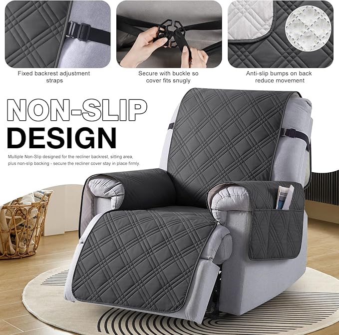 TAOCOCO Waterproof Recliner Chair Covers 30 Inch Wide, Oversized Recliner Covers for Recliner Chair with Pocket, Recliner Slipcovers with Straps Furniture Protector for Kids Pets (30'', Charcoal Gray)
