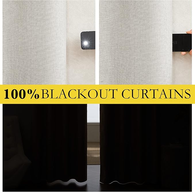 NICETOWN 100% Absolutely Blackout Linen Curtains with Thermal Insulated White Liner, Ivory, 52" W x 48" L, Set of 2, Burlap Textured Textured Linen Look Privacy Window Treatment for Kitchen