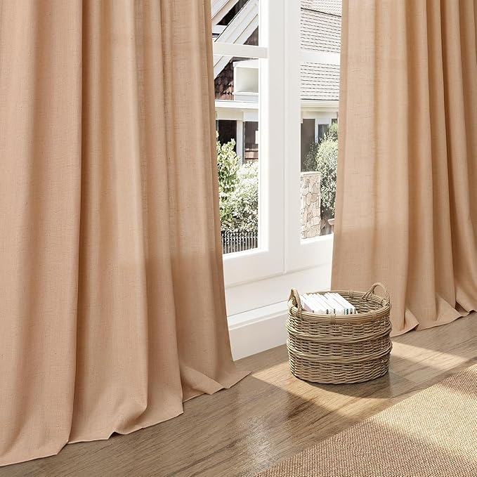 Nanspring Camel Linen Curtains for Living Room 92 Inches Long Back Tab and Rod Pocket Light Filtering Semi Sheer Vintage Rustic Curtain Luxury Boho Decor Drapes for Bedroom Office 52x92, 2 Panels