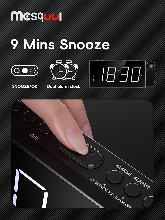 Mesqool Projection Alarm Clock with Loud Bed Shaker, Dual Alarms | 5-level Dimmer, USB charger, Snooze & DST, Loud Vibrating Alarm with Battery Backup, Perfect for Heavy Sleepers - Image 8