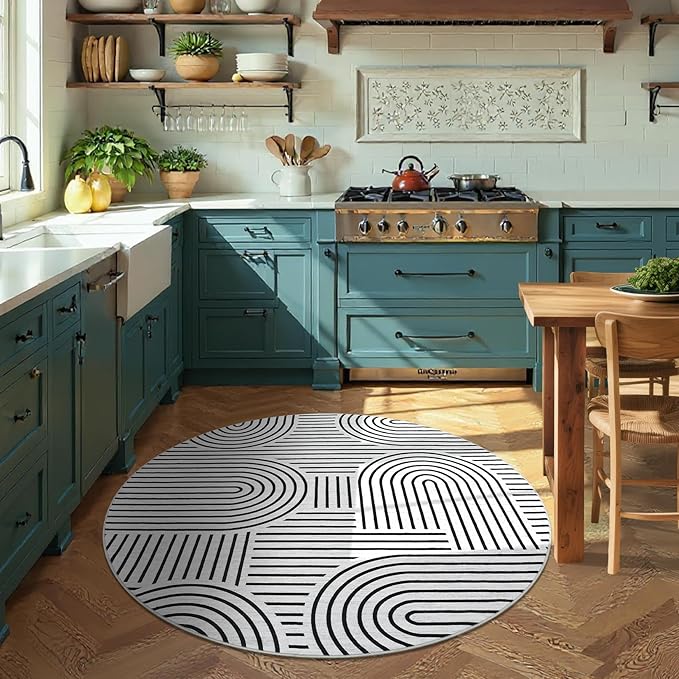 Washable Rug 6ft Area Rugs for Living Room, Abstract Rug for Bedroom, Soft Rainbow Non Slip Throw Rugs with Rubber Back, Low Pile Stain Resistant Boho Geometric Carpet for Dining Room,Blackwhite
