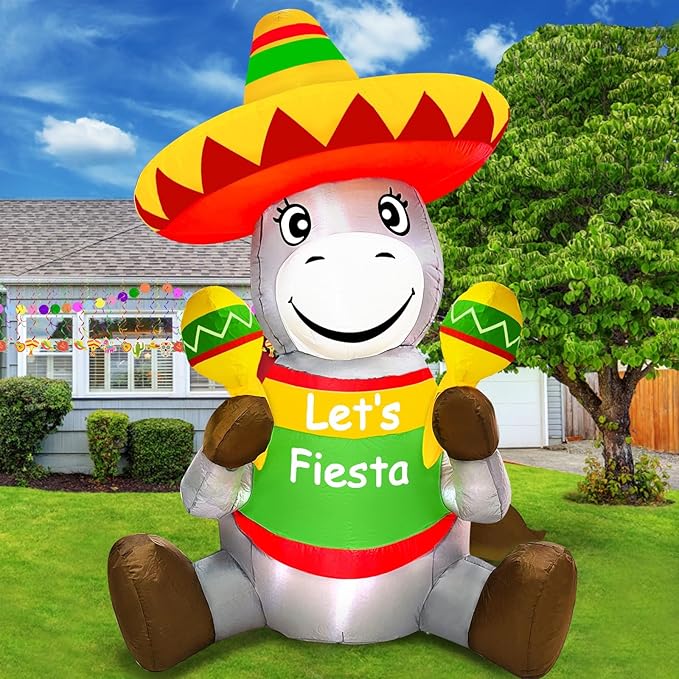 TURNMEON 6 Ft Tall Cinco De Mayo Inflatable Decorations Outdoor Sitting Donkey with Taco Sombreros Fiesta Maracas LED Lights Blow Up Holiday Party Indoor Yard Garden Lawn May 5 Mexican Summer Decor