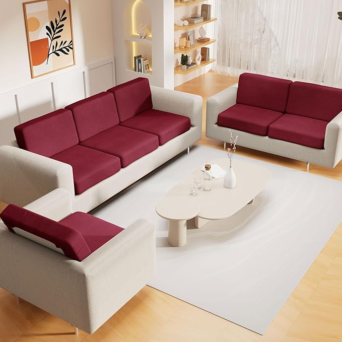 hyha Waterproof Couch Cushion Covers for Pets, Non Slip Sofa Seat Cover for Dogs Washable, Soft Thick Stretch Jacquard Fabric, Sofa Slipcovers with Elastic Bottom (2 Pieces, Wine Red)