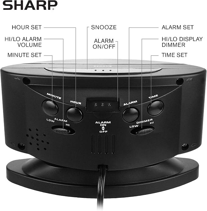 Sharp Outlet-Powered Alarm Clock with Swivel Base, Red LED and Dimmer | Outlet powered; Swivel base; Large red LED digits; Adjustable brightness; Snooze; Simple controls; Midnight Black - Image 3
