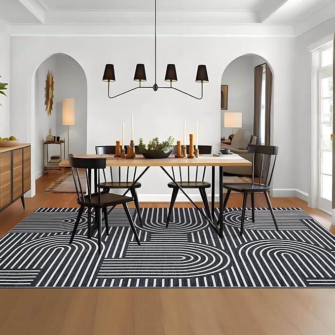 ROYHOME Washable Rug 9x12 Area Rugs for Living Room, Abstract Rug for Bedroom, Soft Rainbow Non Slip Throw Rugs with Rubber Back, Low Pile Stain Resistant Boho Geometric Carpet for Dining Room, Black