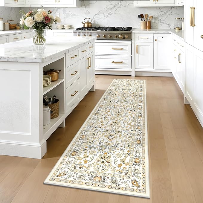 LOKHOM Washable Runner Rug, 2x8 Non-Slip Vintage Hallway Runner Rug with Rubber Backing, Boho Floral Soft Faux Wool Kitchen Rug Carpet Runner for Laundry Entryway Bedroom (Rice Orange)
