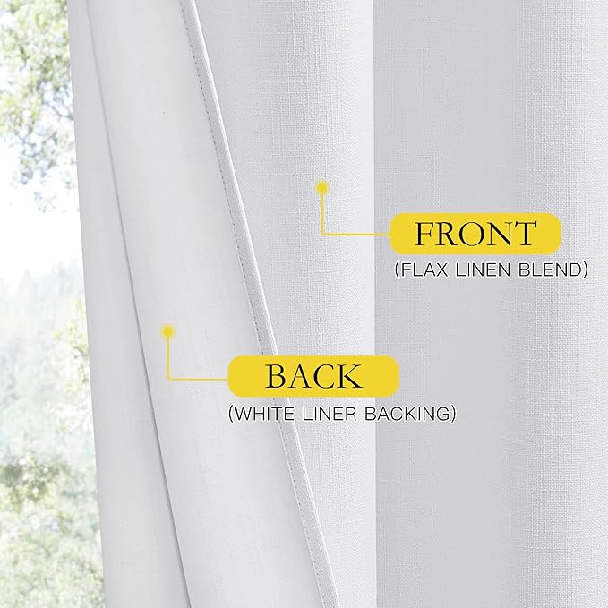 NICETOWN 100% Absolutely Blackout Linen Curtains with Thermal Insulated White Liner, White, 34 inches Wide, 80 inches Length Energy Saving Curtains for Living Room 2 Panels Set, Vertical Blinds