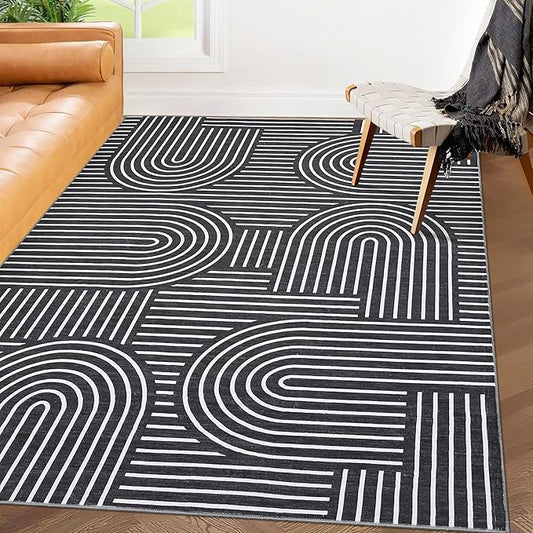 ROYHOME Washable Rug 4x6 Area Rugs for Living Room, Abstract Rug for Bedroom, Soft Rainbow Non Slip Throw Rugs with Rubber Back, Low Pile Stain Resistant Boho Geometric Carpet for Dining Room, Black