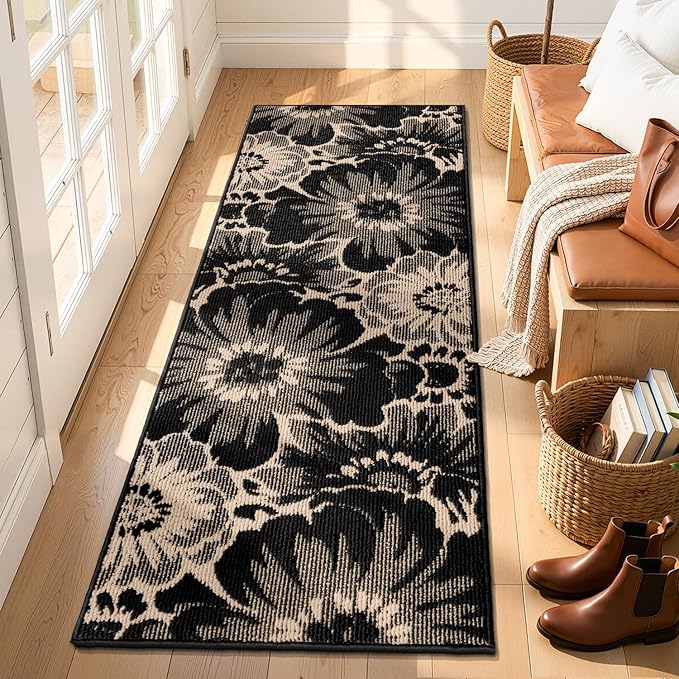 Findosom Hallway Runner Rug 2x6, Non Slip High-Low Textured Floral Washable Runner Rug with Rubber Backing, Boho Carpet Runner for Kitchen, Entryway, Bedroom, Laundry, Black & Beige