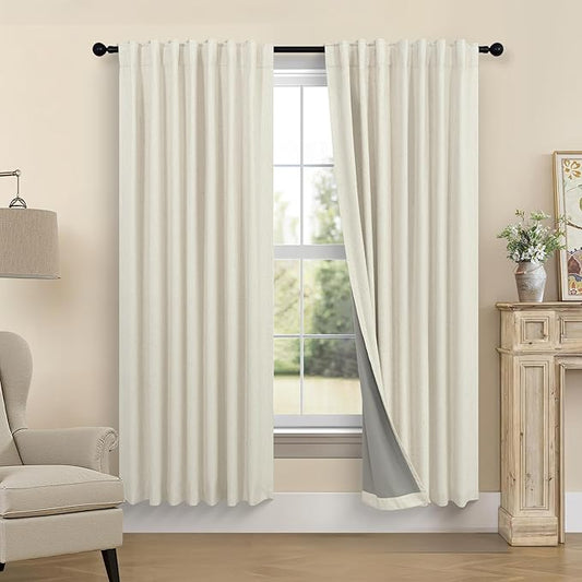 Black Out Burlap Curtains 63 Inch Long Faux Linen Farmhouse Bedroom Blackout Curtain 63 Inches Length 2 Panels Set Energy Saving Noise Reducing Nursery Drape for Bay Window Back Tab Pocket Cream Beige