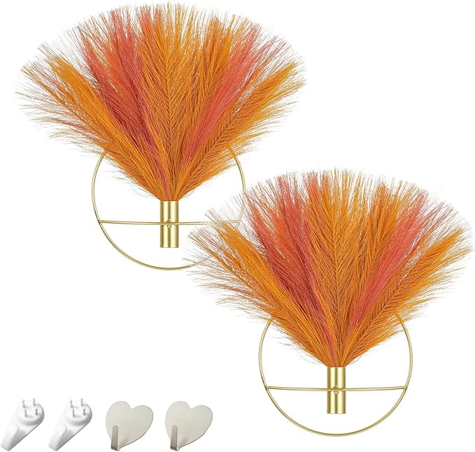 Pretty Jolly Boho Wall Art, Hanging Artificial Pampas Display, 2 Pack - Turmeric, Gold, OldOrange - Living Room, Bedroom, Bathroom, Dining Room