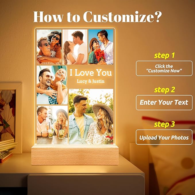 Custom Picture Frames with Photo, Personalized Photo Frame with Night Light, Customized Picture Frame, Personalized Anniversary Birthday Gifts for Women Men Her Him Girlfriend Boyfriend Couple