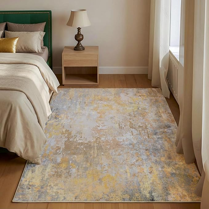 Beige Gold Entryway Rug 3x5 Door Mat Indoor Entrance 36x60, Washable Small Throw Rugs for Kitchen Floor, Entry, Front Door, Bedroom Bedside, Non-Slip Low Pile Stain & Fade Resistant, Abstract