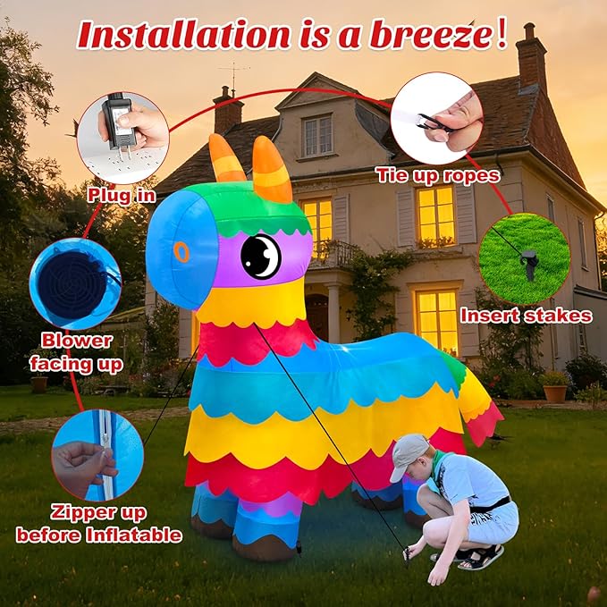 MICOCAH 6FT Cinco De Mayo Inflatable Outdoor Decoration Cute Blow Up Donkey Pinata with LED Lights, May 5 Mexican Fiesta Party Decor for Yard Garden Lawn Indoor Holiday