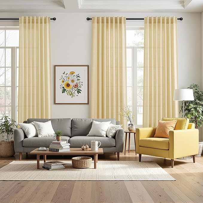 Nanspring Cream Yellow Curtains for Living Room 72 Inches Linen Blend Light Filtering Modern Farmhouse Semi Sheer Curtains Back Tab Privacy Neutral Curtain for Bedroom Office 52x72, 2 Panels