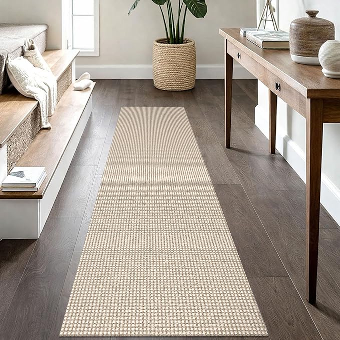 IOHOUZE Washable Runner Rug 2x8 Non Slip Rubber Backed Hallway Runner Entryway Runner Indoor, Kitchen Rugs Woven Cotton Floor Carpet for Kitchen Hall Entrance Bedroom, Beige/Khaki
