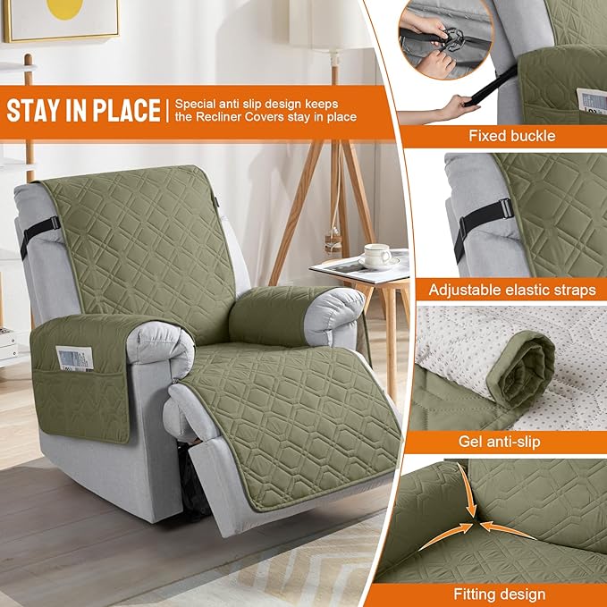 VANSOFY 100% Waterproof Recliner Chair Covers, Recliner Cover Non-Slip Dog Chair Cover Furniture Protector Washable Slipcover with Pocket, Elastic Straps for Pets, Dogs(Olive Green, 23.6")