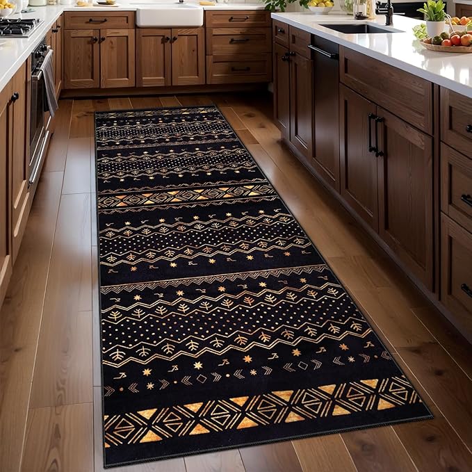 SERISSA 2x6 Kitchen Runner Rug, Washable Non-Slip Black and Gold Boho Rug, Soft Low-Pile Geometric Indoor Carpet for Hallway Laundry Room Bathroom Bedroom Entryway