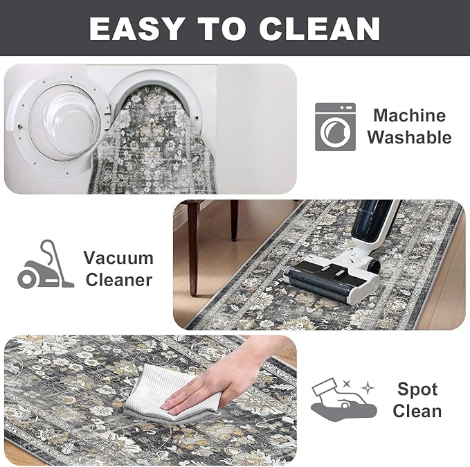 LOKHOM Washable Runner Rug, 2x10 Non-Slip Vintage Farmhouse Hallway Runner Rug with Rubber Backing, Boho Soft Faux Wool Kitchen Rug Carpet Runner for Kitchen Laundry Entryway Bedroom (Charcoal Grey)