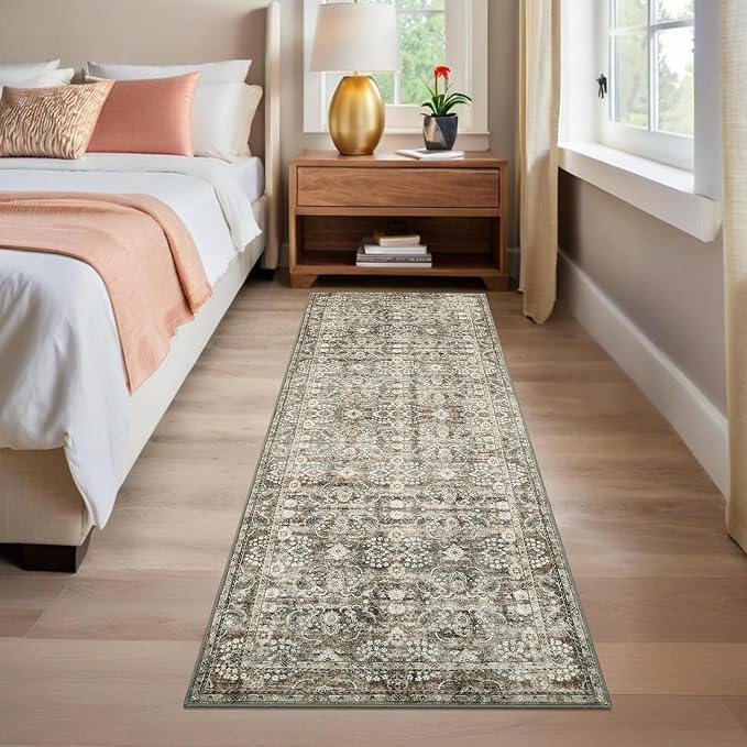 GarveeHome Runner Rug 2x6 Washable Vintage Floral Bathroom Rugs, Non Slip Low Pile Oriental Accent Carpet, Foldable Retro Runners for Hallways, Entryway, Laundry, Kitchen, Camel