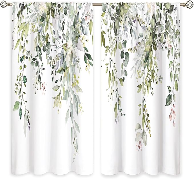 Sage Green Eucalyptus Leaves Window Curtains Flower Watercolor Floral Botanical Plant Wildflower Farmhouse Curtain Drapes Herb Curtains for Bedroom Living Room Treatment 2 Panels 42Wx63H Inch