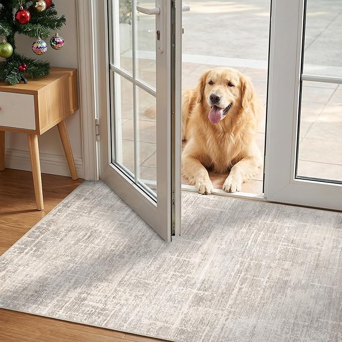 2x3 Washable Area Rug for Entryway - Small Abstract Neutral Kitchen Rug with Anti-Skid Rubber Backing Soft Low Pile Thin Carpet for Bedroom Bathroom Pet Feeding Zone (2x3, Beige)