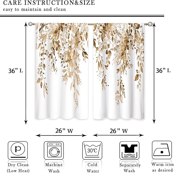 Eucalyptus Botanical Leaves Floral Kitchen Window Curtains Over Sink Farmhouse Flower Leaf Small Window Treatment Tan Floral Cafe Short Curtains for Bathroom Treatment Tier Drapes 26x36 inch