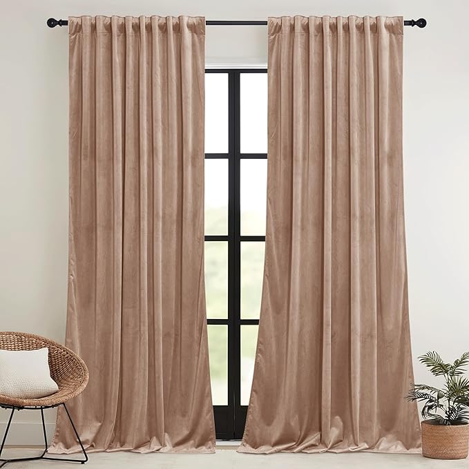 RYB HOME Blush Velvet Curtains 102 inches with Hook Belt, Soft Fabric Room Darkening Thermal Insulated Luxurious Home Decor Curtains for Living Room Bedroom, W 52" x L 102", 2 Panels Set
