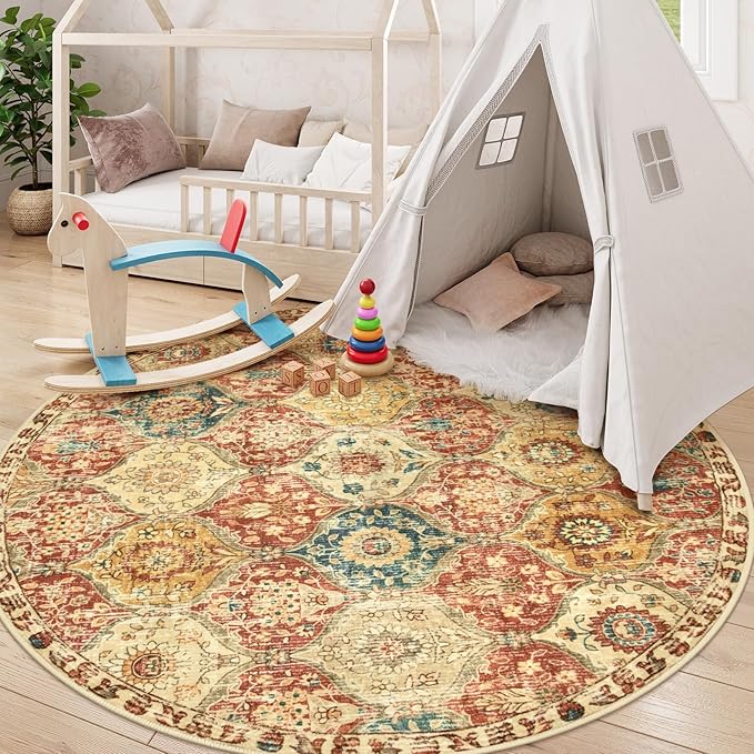 Lahome Moroccan Trellis Washable Round Area Rug, Soft Round Rugs 6ft Ultra-Thin Non-Slip, Vintage Large Circle Carpet for Bedroom Living Room Kitchen Nursery Elise, Red/Orange