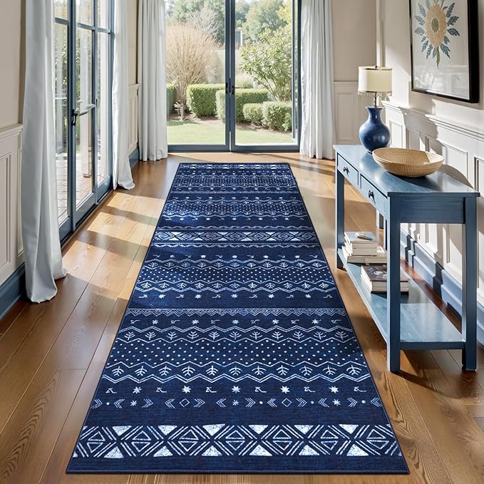 SERISSA Hallway Runner Rug, 2'6"x8' Washable Non-Slip Blue and White Boho Rug, Soft Low-Pile Geometric Indoor Long Carpet for Kitchen Laundry Room Bathroom