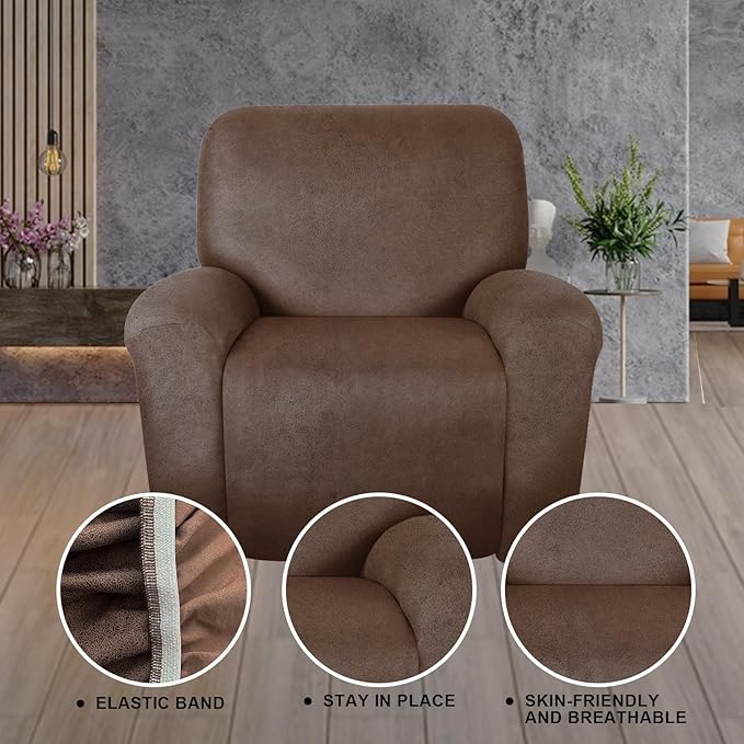 ANARACHON Recliner Chair Covers Leather Like, 4 Pieces Recliner Cover, Furniture Protector - Washable Soft Sofa Slipcover for Pets Kids (Brown)