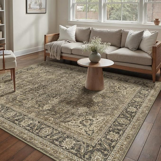 5x7 Washable Area Rug Brown Vintage Non Slip Soft Low Pile Rug for Living Room Bedroom Dining Room Office Distressed Oriental Indoor Throw Carpet for Home Decor