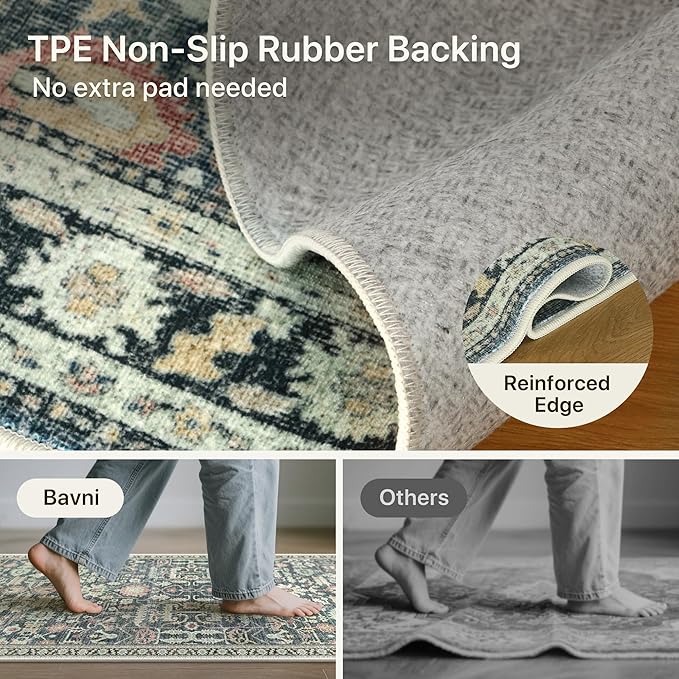Bavni 2X6 Rug Runners for Hallways, Washable Runner Rug Non Slip, Vintage Floral Print Style Rugs for Bedroom-Lightweight Low Pile Carpet for Kitchen Bathroom,Green/Blue