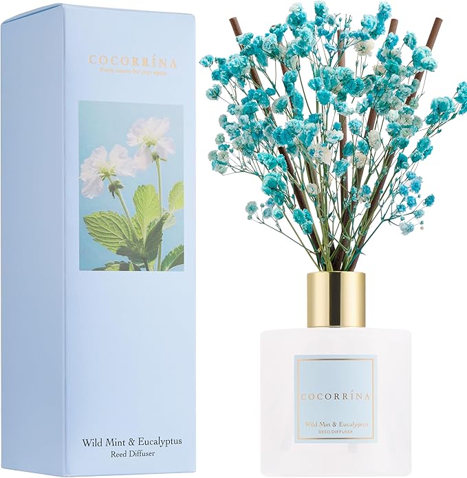 COCORR??NA Reed Diffuser - Wild Mint & Eucalyptus 6.7 Fl.oz Reed Diffuser Set with Sticks & Preserved Baby's Breath, Reed Diffuser for Home Bathroom Shelf Decor