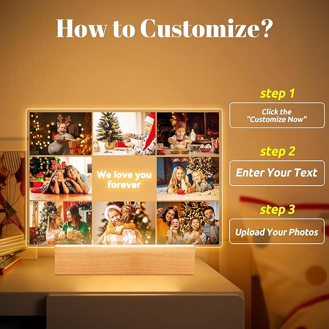Custom Picture Frames with Photos, Personalized Photo Picture Frame, Customized Photo Frame with Night Light, Personalized Christmas Photo Gifts for Women, Men, Mom, Dad, Kids, Baby, Family, Friends